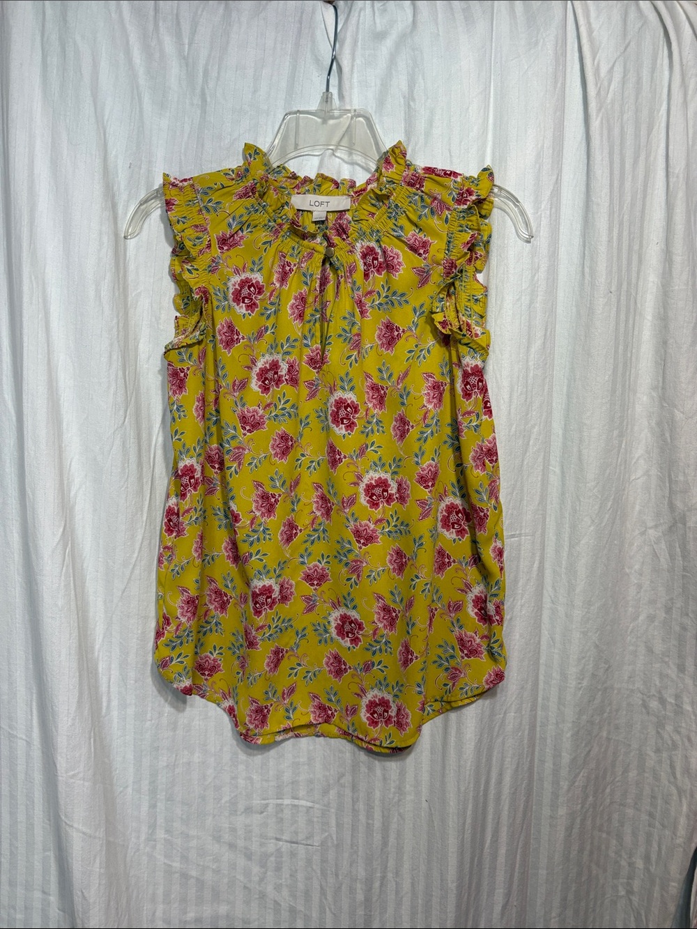 LOFT Yellow Floral Ruffle Tie-Neck Shell